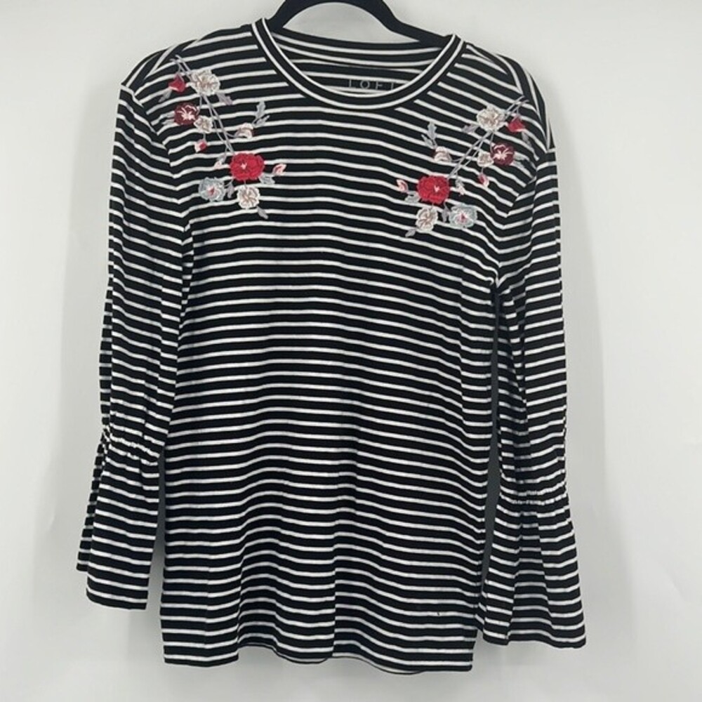 Loft Striped Long Sleeve Blouse Size Small Floral Embroidery Detail - Picture 2 of 7